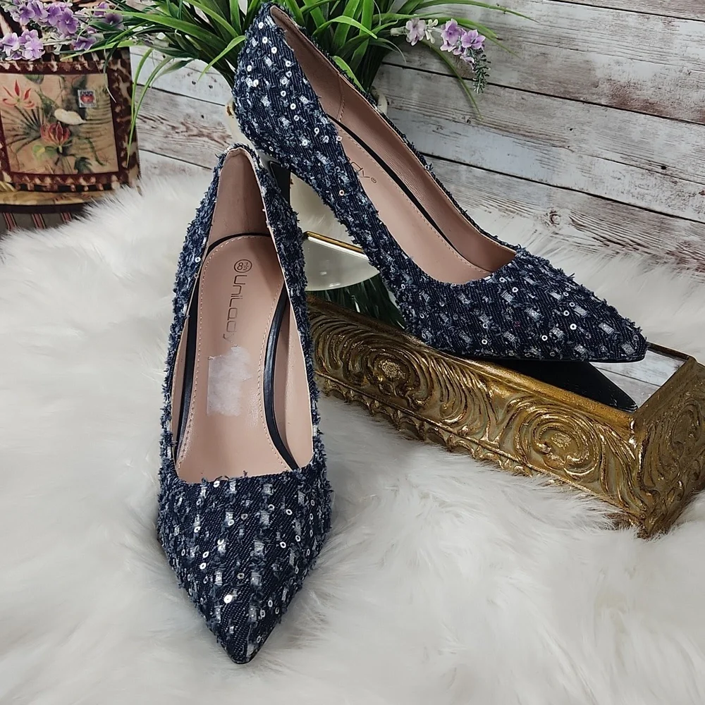 Unilady, Women's Chic Navy Blue Sequin Pointed Toe Heels byCall It Sprg, Sz 8.5 - Picture 4 of 12